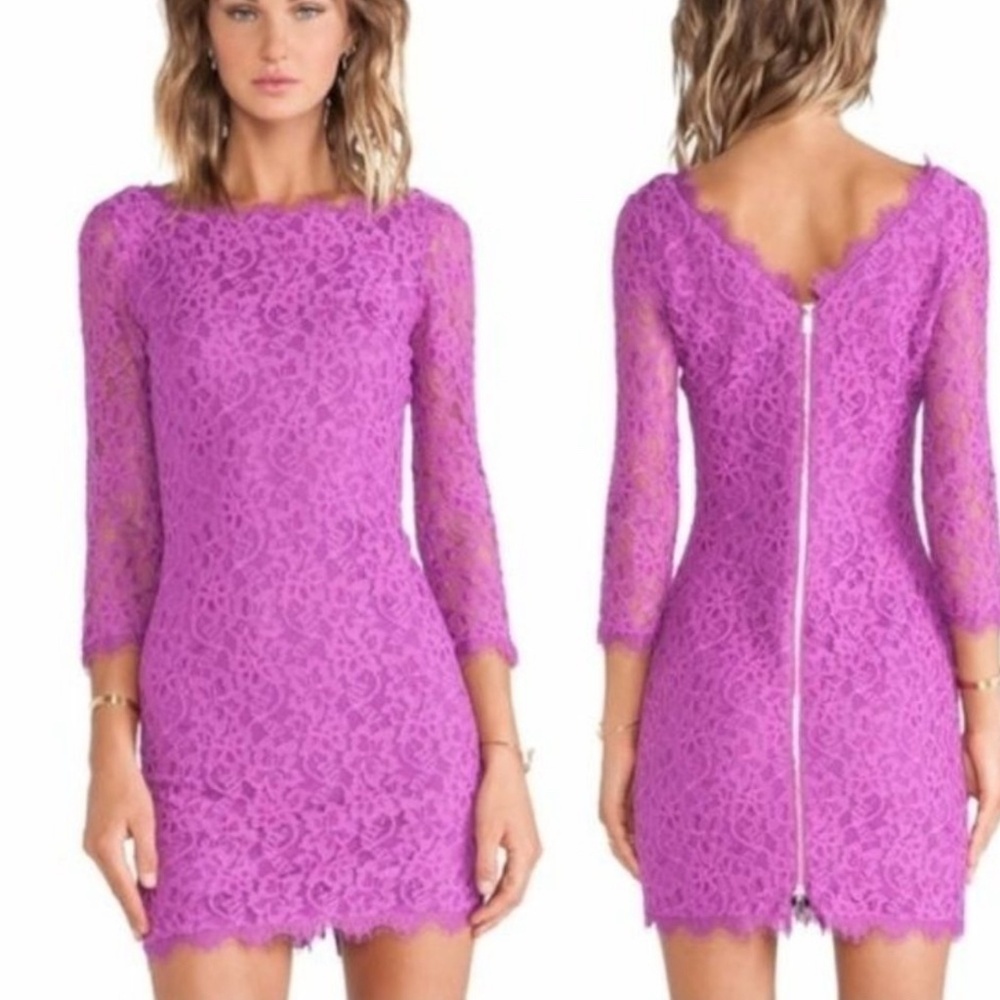 Diane Von Furstenberg DVF Pink Purple Lace 3/4 Sleeve Dress - 10